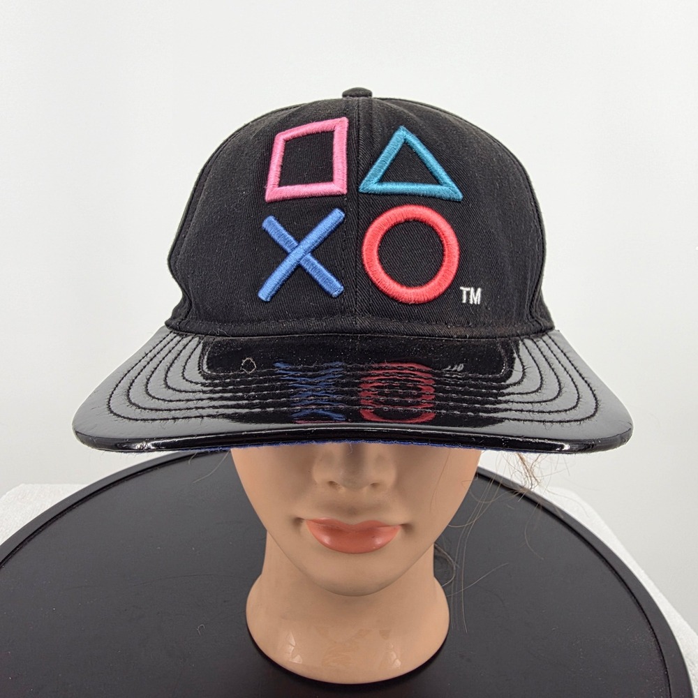 PlayStation Snapback Hat Black Embroidered Controller Icons Glossy Brim Gamer Ca
